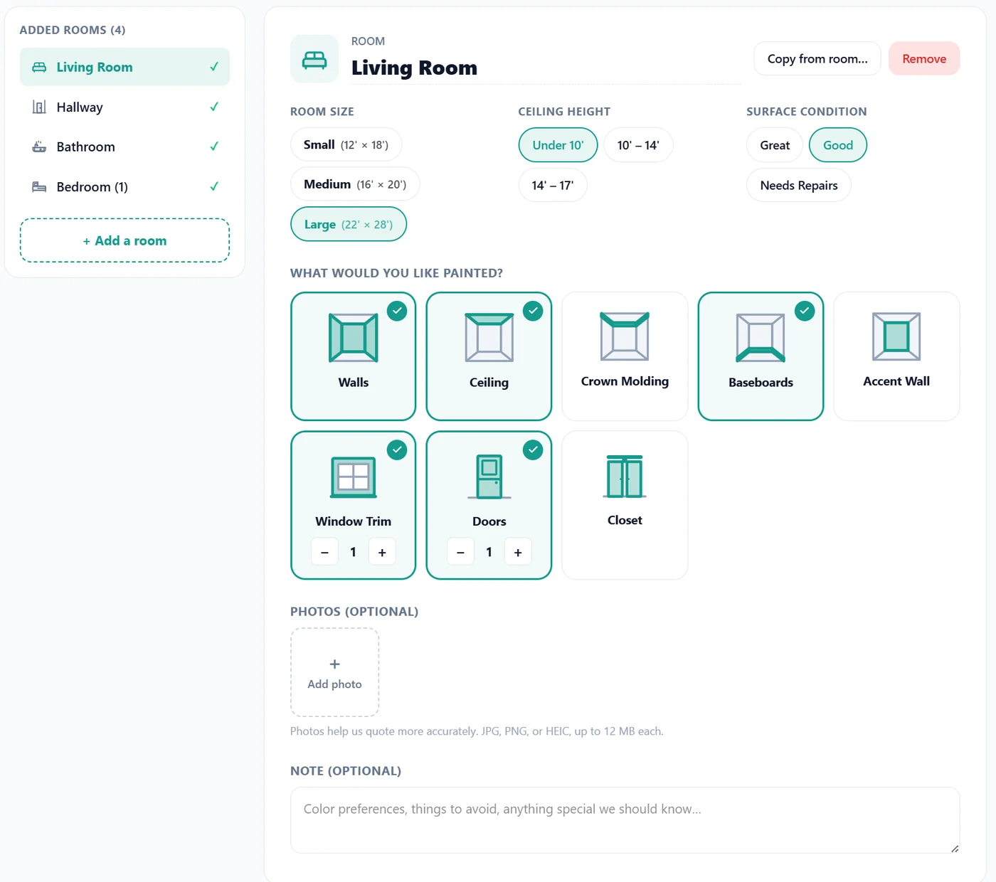 Step two of the tool: a room called Living Room with buttons for room size, ceiling height and surface condition, eight surfaces to tick including walls, ceiling and baseboards, an optional photo upload and a note box.